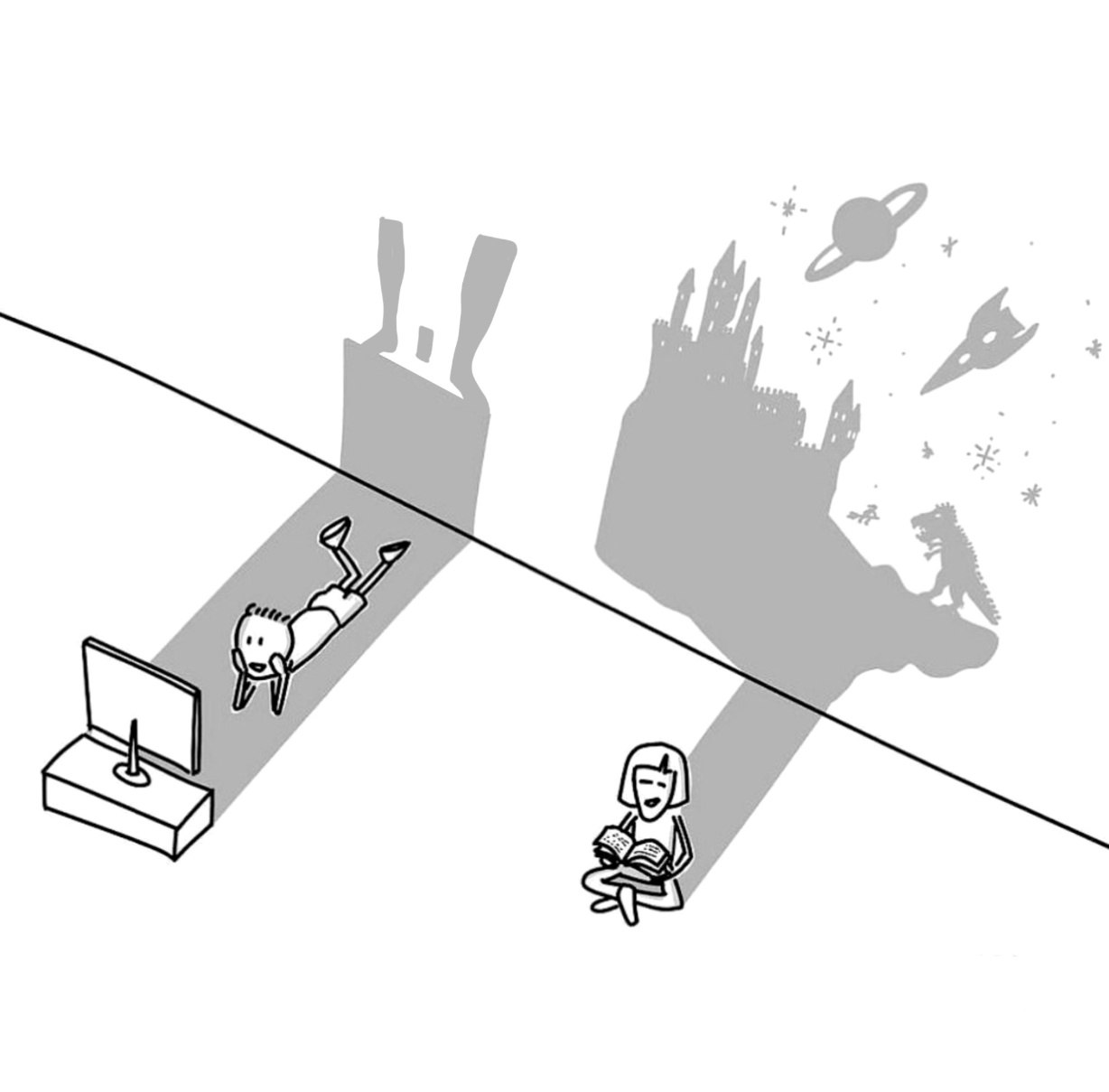 a drawing of a person on a platform with a shadow